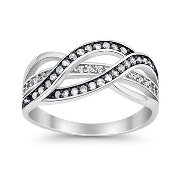 Weave Knot Ring Crisscross Crossover Simulated Clear CZ 925 Sterling Silver